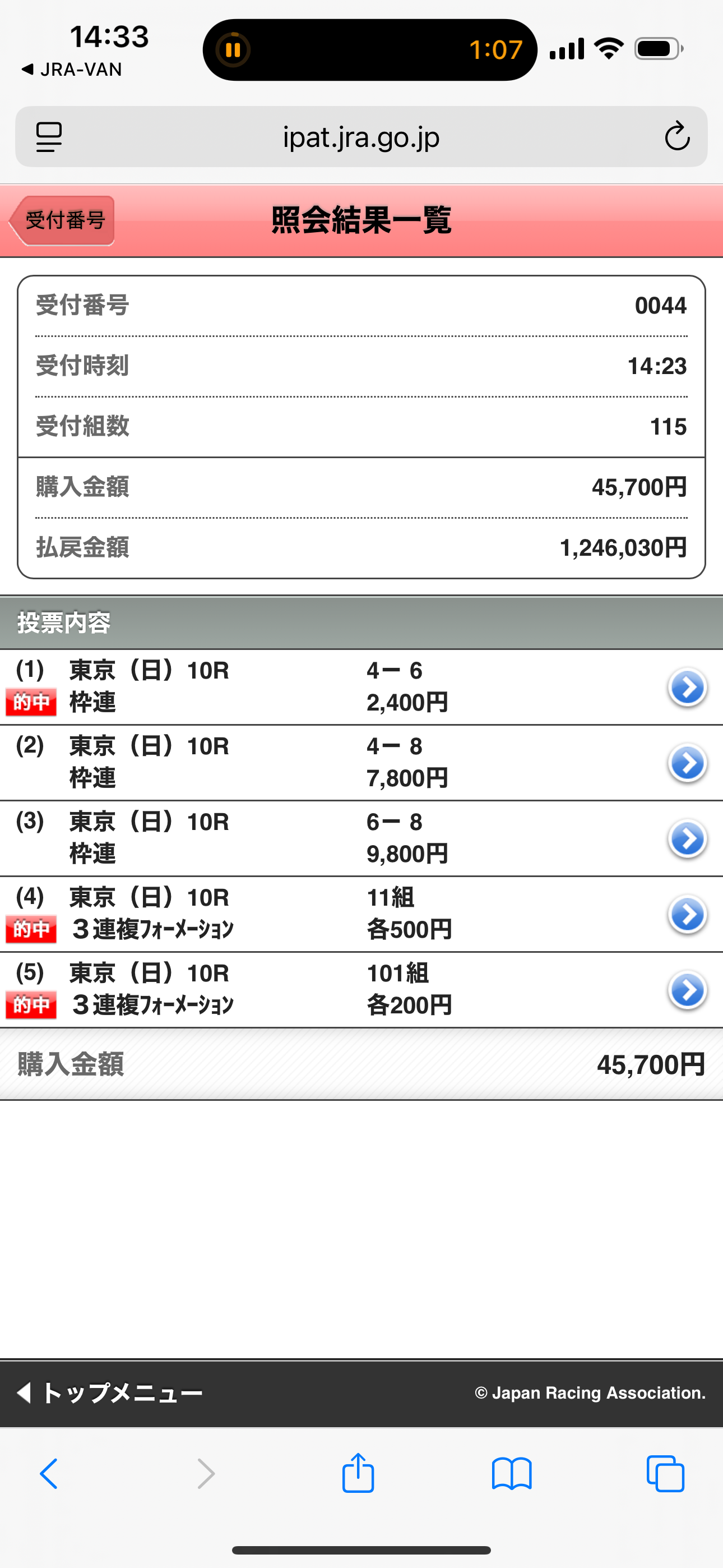 直近の的中報告